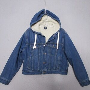 GAP Denim Jacket Womens Small Blue Sherpa Lined Hooded Jean Trucker Crop‎ Grunge